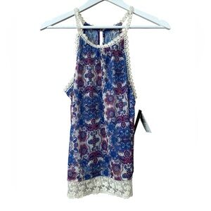 Ransom Blue Pink Floral Print Lace Halter Tank Top Women Sz M Nwt